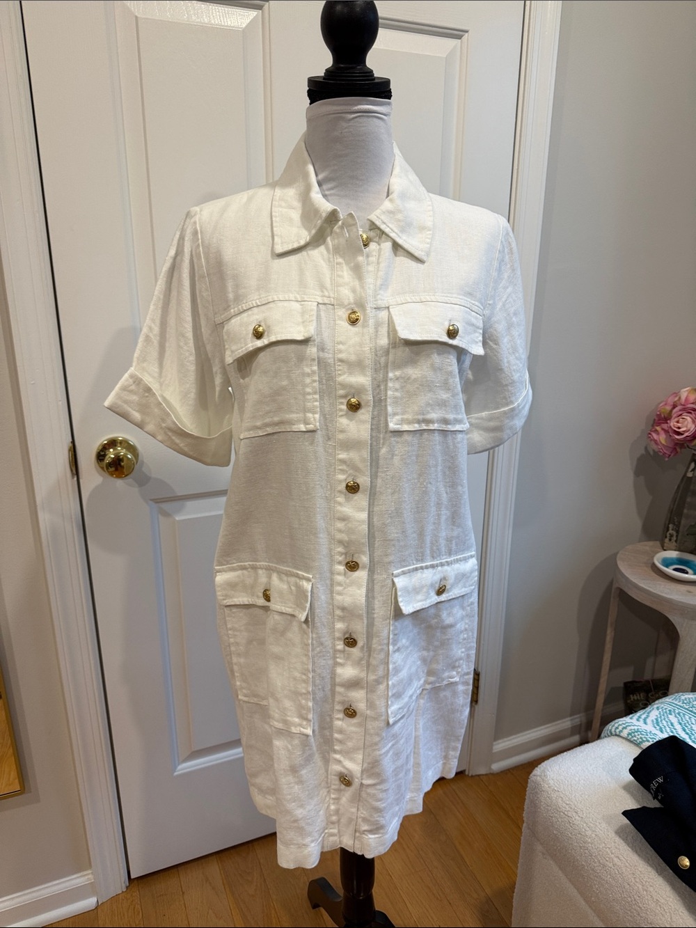 J. Crew White Short-Sleeve Linen Shirt Dress with Gold Buttons